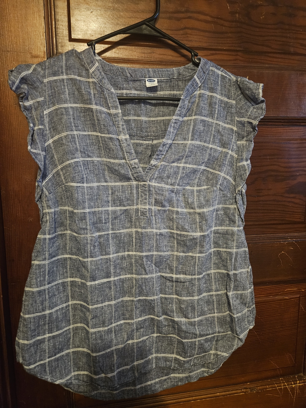 Old Navy Blue Plaid V-Neck Flutter Sleeve Tunic